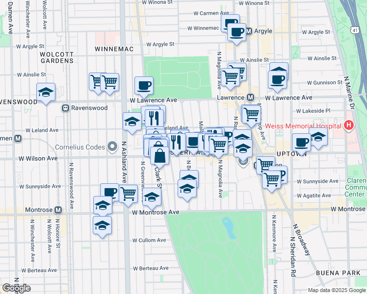 map of restaurants, bars, coffee shops, grocery stores, and more near 1352 West Wilson Avenue in Chicago