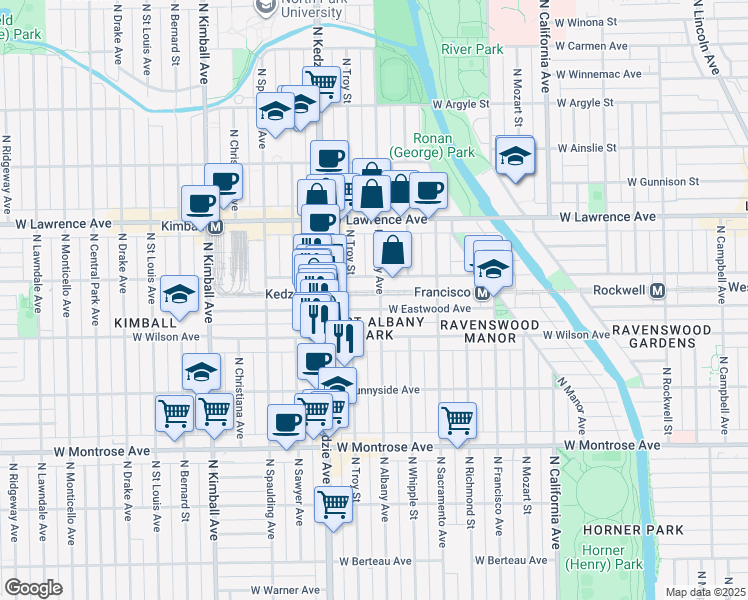 map of restaurants, bars, coffee shops, grocery stores, and more near 3111 West Eastwood Avenue in Chicago