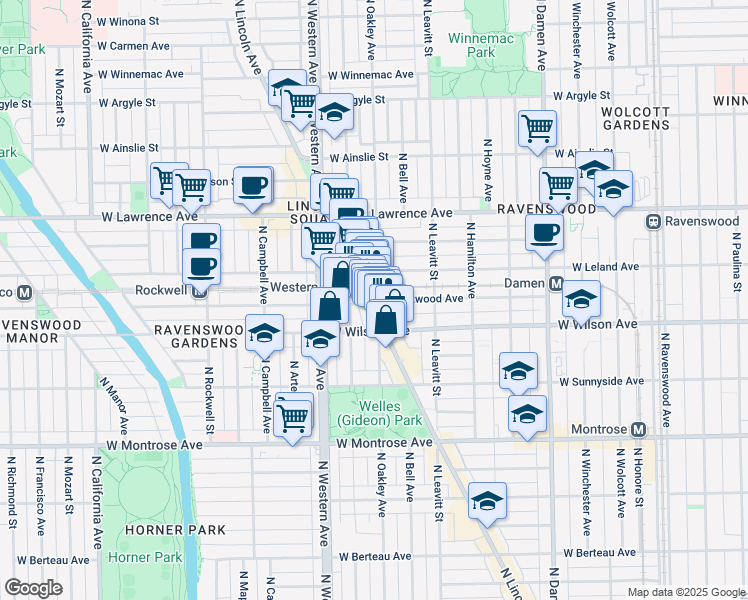 map of restaurants, bars, coffee shops, grocery stores, and more near 4628 North Lincoln Avenue in Chicago