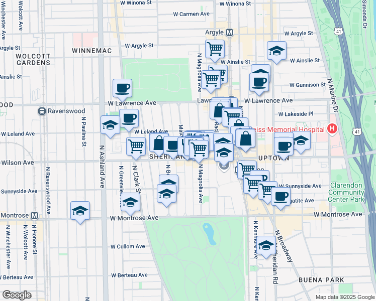 map of restaurants, bars, coffee shops, grocery stores, and more near 4600 North Magnolia Avenue in Chicago