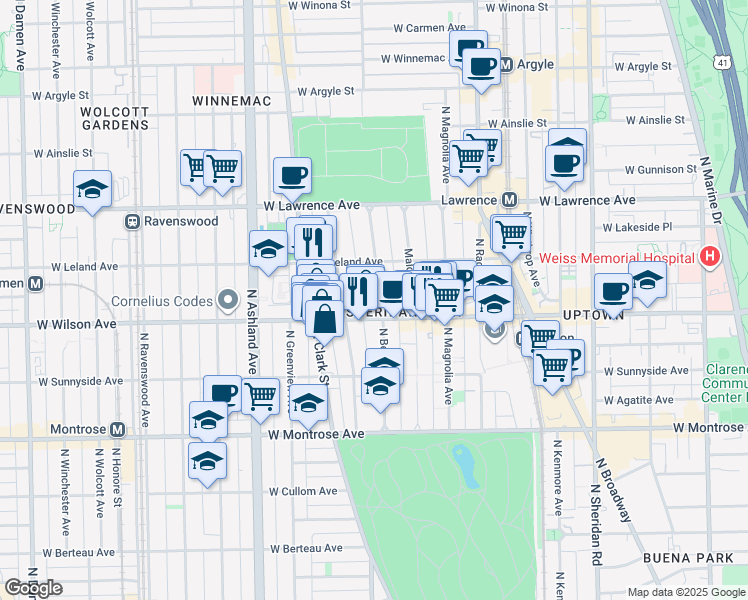 map of restaurants, bars, coffee shops, grocery stores, and more near 1352 West Wilson Avenue in Chicago