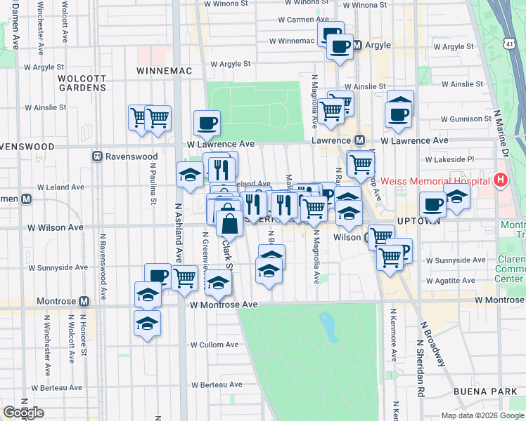 map of restaurants, bars, coffee shops, grocery stores, and more near 4616 North Beacon Street in Chicago