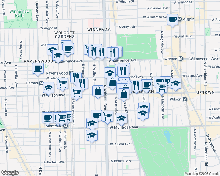 map of restaurants, bars, coffee shops, grocery stores, and more near 1532 West Wilson Avenue in Chicago