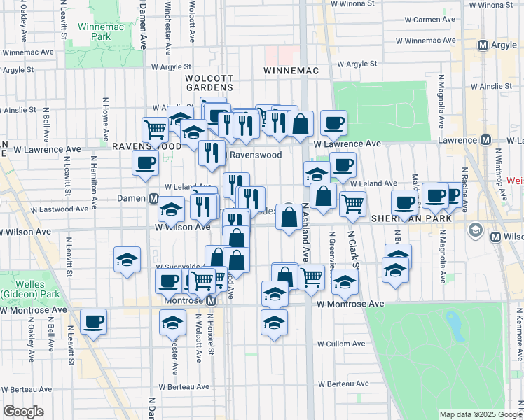 map of restaurants, bars, coffee shops, grocery stores, and more near 4605 North Hermitage Avenue in Chicago