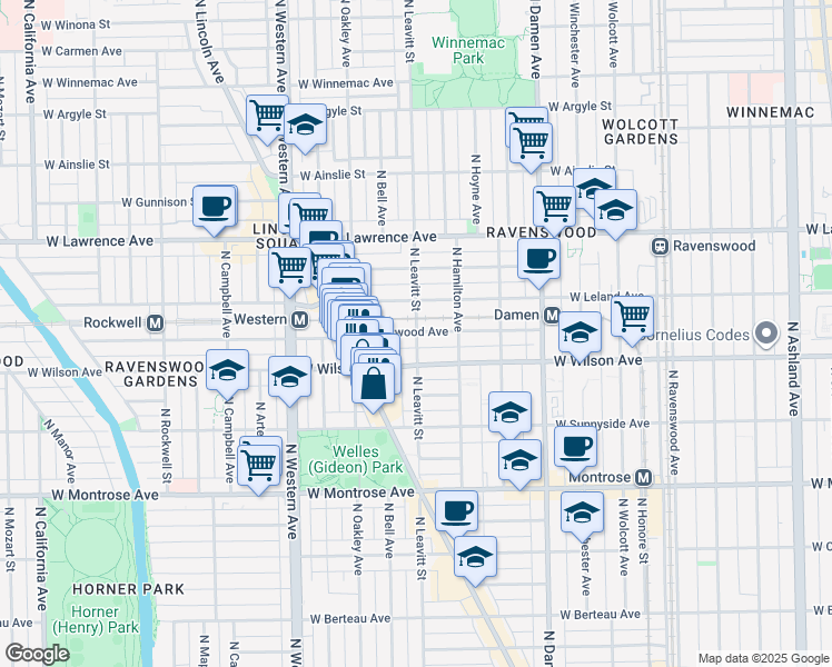 map of restaurants, bars, coffee shops, grocery stores, and more near 4612 North Leavitt Street in Chicago