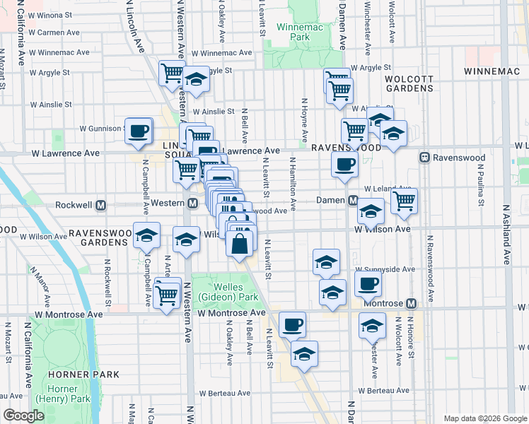 map of restaurants, bars, coffee shops, grocery stores, and more near 4612 North Leavitt Street in Chicago