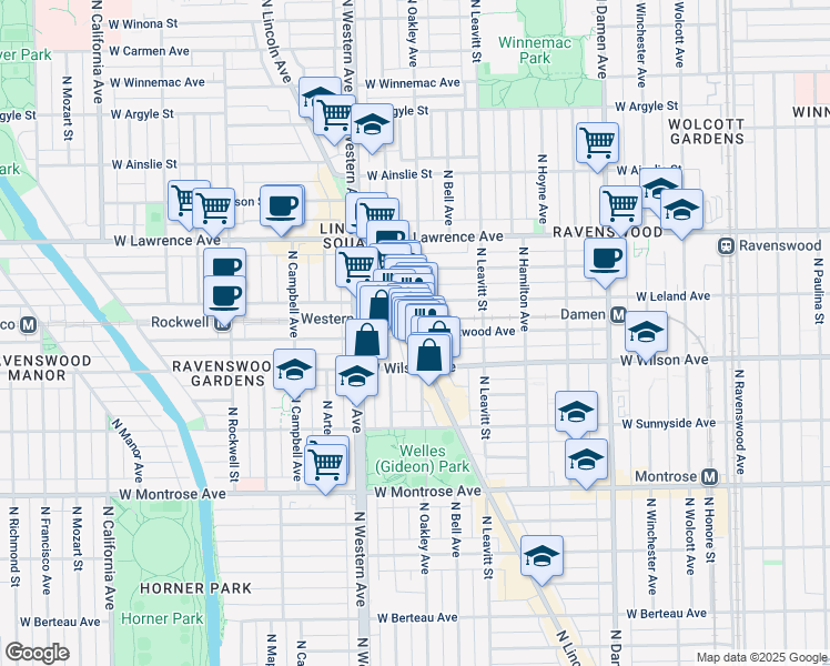 map of restaurants, bars, coffee shops, grocery stores, and more near 4628 North Lincoln Avenue in Chicago