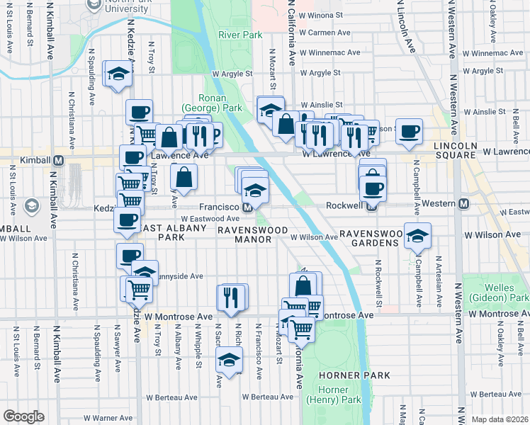 map of restaurants, bars, coffee shops, grocery stores, and more near 2857 West Eastwood Avenue in Chicago