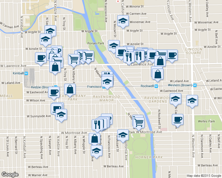 map of restaurants, bars, coffee shops, grocery stores, and more near 2857 West Eastwood Avenue in Chicago