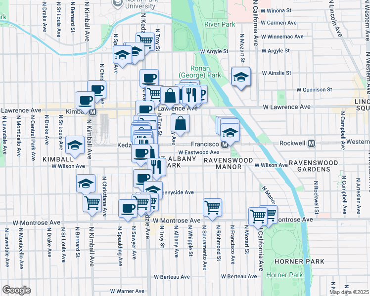 map of restaurants, bars, coffee shops, grocery stores, and more near 3039 West Eastwood Avenue in Chicago