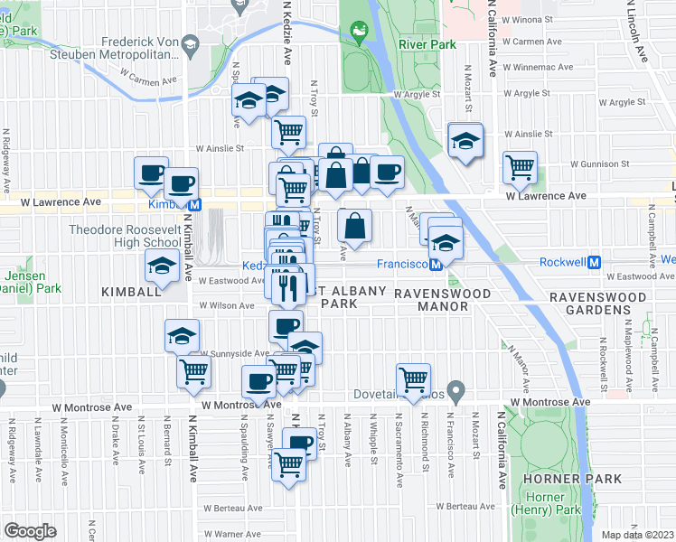map of restaurants, bars, coffee shops, grocery stores, and more near 3111 West Eastwood Avenue in Chicago