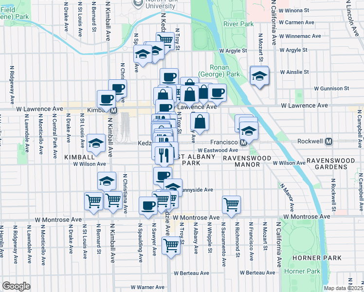 map of restaurants, bars, coffee shops, grocery stores, and more near 3111 West Eastwood Avenue in Chicago