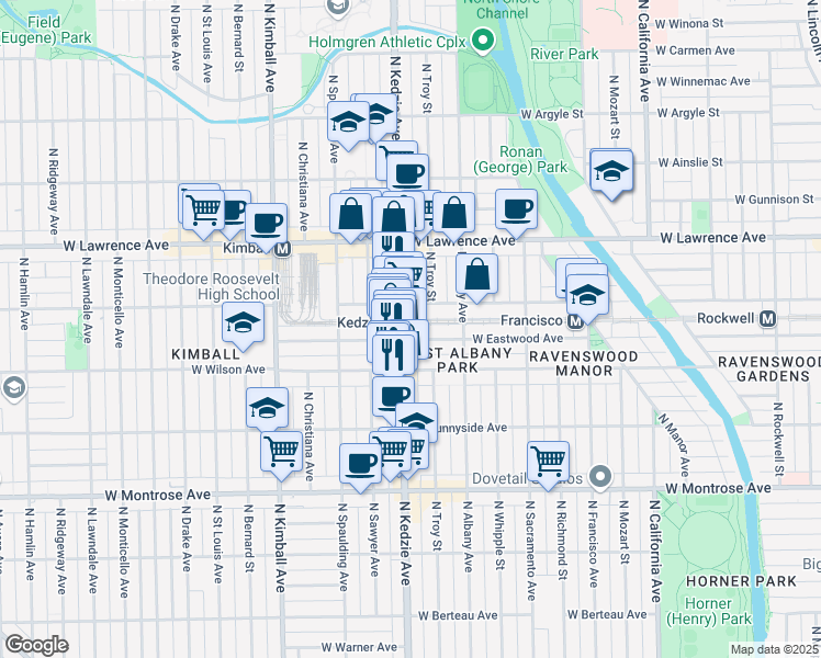 map of restaurants, bars, coffee shops, grocery stores, and more near 4625 North Kedzie Avenue in Chicago