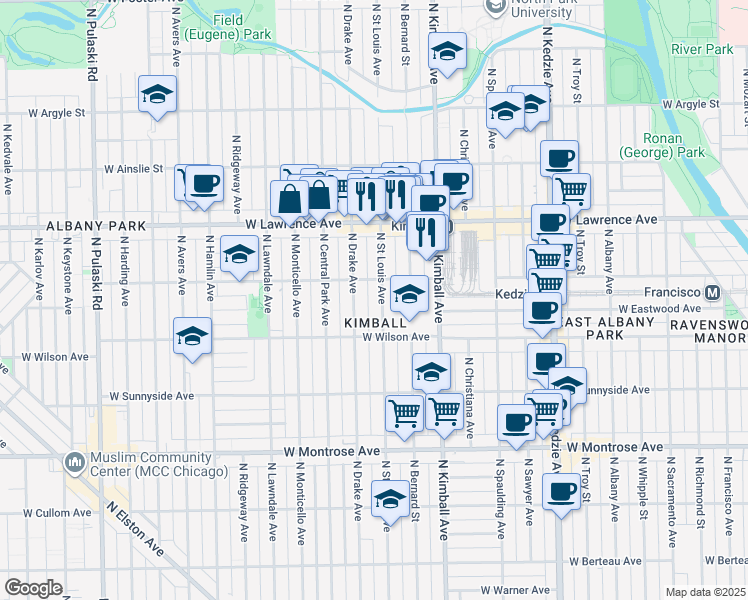 map of restaurants, bars, coffee shops, grocery stores, and more near 2 North Saint Louis Avenue in Chicago