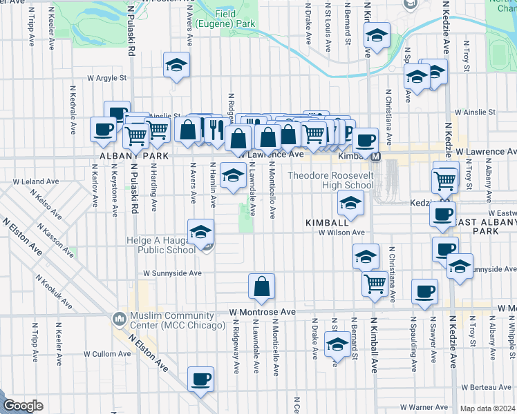 map of restaurants, bars, coffee shops, grocery stores, and more near 4624 North Monticello Avenue in Chicago