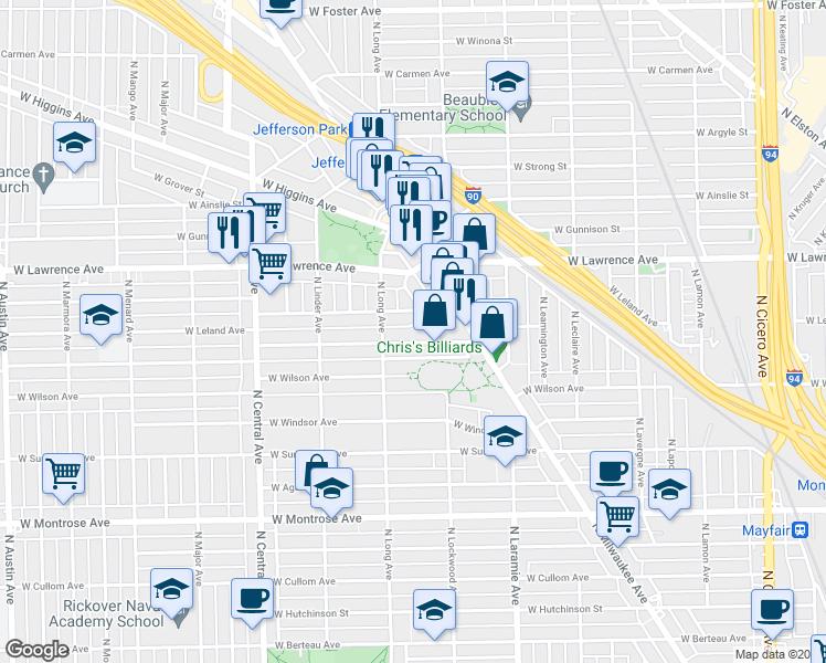 map of restaurants, bars, coffee shops, grocery stores, and more near 5351 West Leland Avenue in Chicago