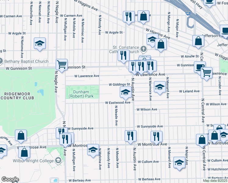 map of restaurants, bars, coffee shops, grocery stores, and more near 6111 West Leland Avenue in Chicago