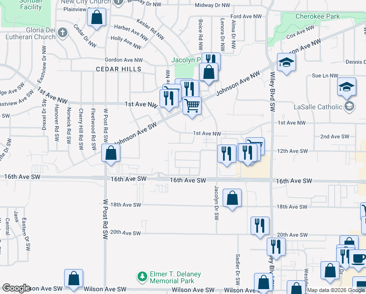 map of restaurants, bars, coffee shops, grocery stores, and more near 4815 1st Avenue Southwest in Cedar Rapids