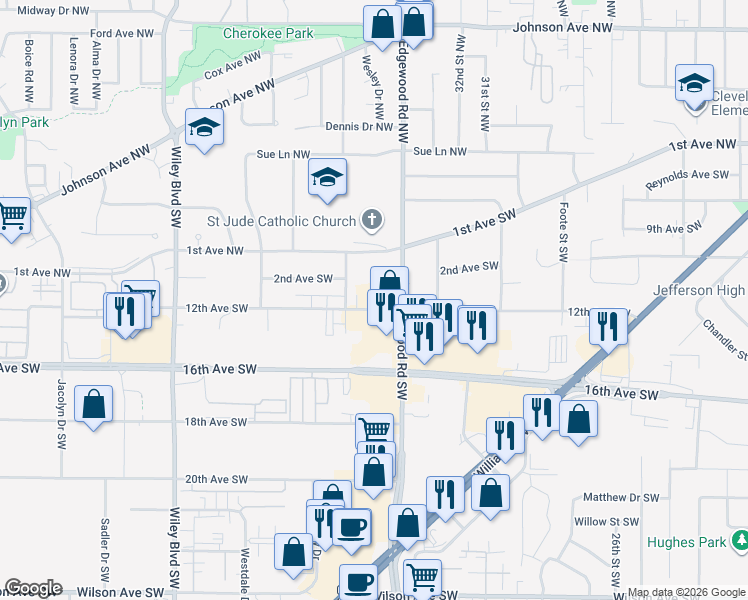 map of restaurants, bars, coffee shops, grocery stores, and more near 3442 12th Avenue Southwest in Cedar Rapids