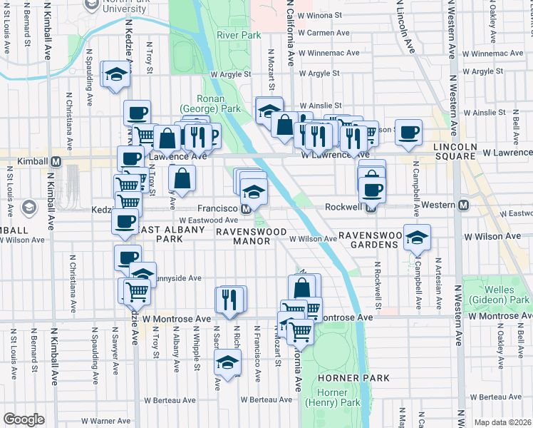 map of restaurants, bars, coffee shops, grocery stores, and more near 2857 West Eastwood Avenue in Chicago