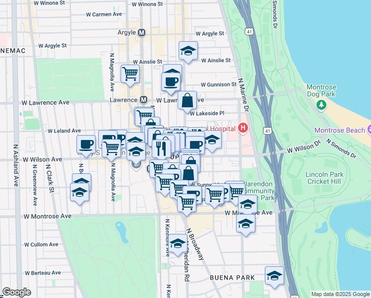 map of restaurants, bars, coffee shops, grocery stores, and more near 4613 North Sheridan Road in Chicago