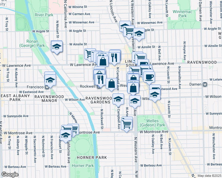 map of restaurants, bars, coffee shops, grocery stores, and more near 2524 West Eastwood Avenue in Chicago