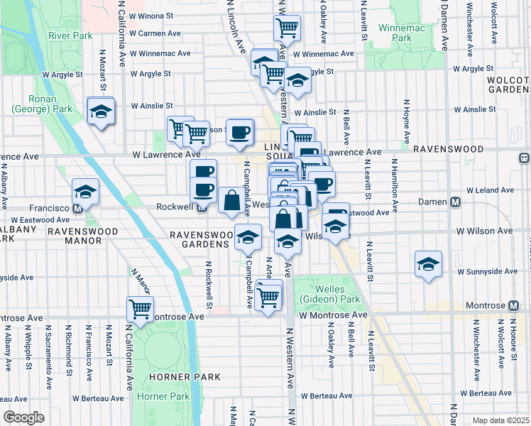 map of restaurants, bars, coffee shops, grocery stores, and more near 2432 West Eastwood Avenue in Chicago