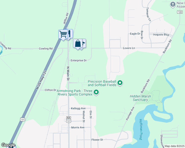 map of restaurants, bars, coffee shops, grocery stores, and more near 600 Bush Boulevard in Three Rivers