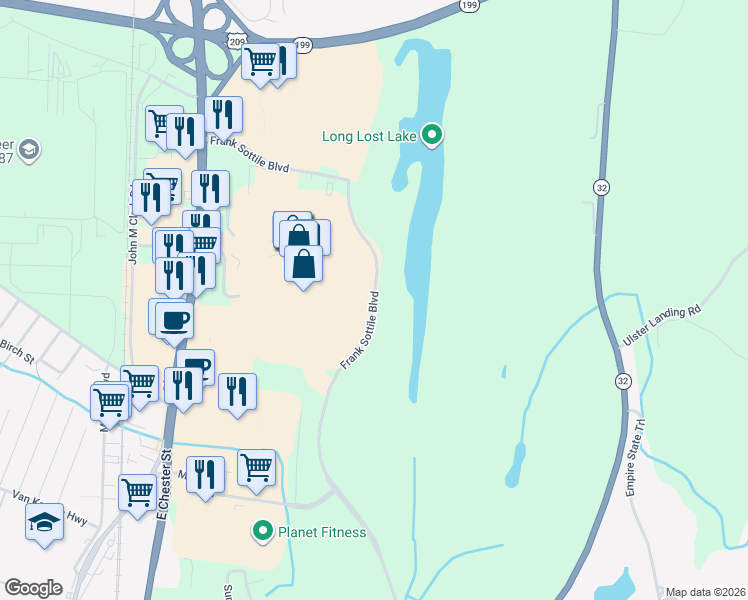 map of restaurants, bars, coffee shops, grocery stores, and more near Frank Sottile Blvd in Kingston