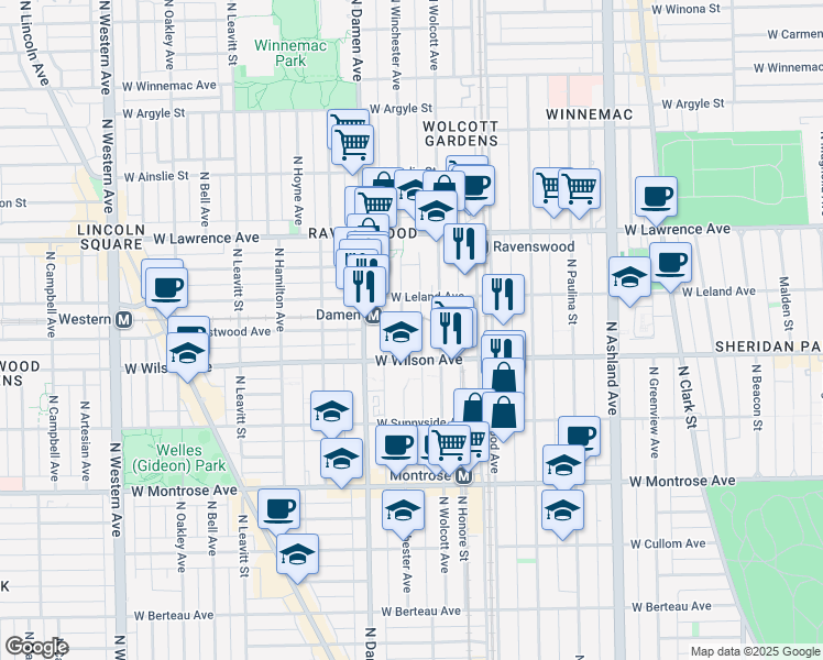 map of restaurants, bars, coffee shops, grocery stores, and more near 4625 North Winchester Avenue in Chicago