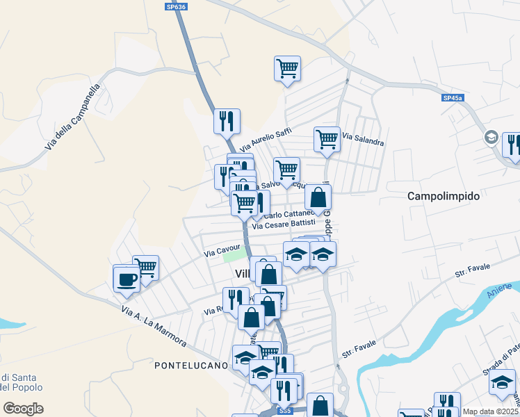map of restaurants, bars, coffee shops, grocery stores, and more near 269 Via Maremmana Inferiore in Villanova