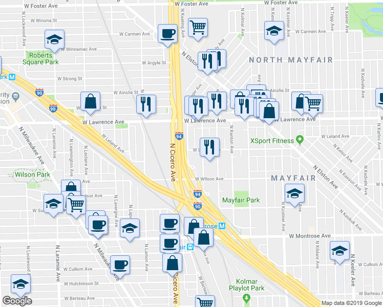 map of restaurants, bars, coffee shops, grocery stores, and more near 4655 North Keating Avenue in Chicago