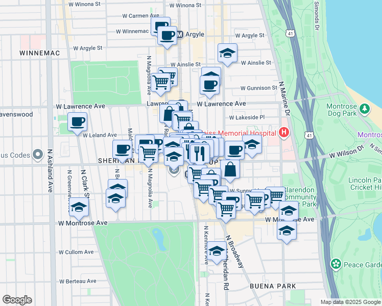 map of restaurants, bars, coffee shops, grocery stores, and more near 1054 West Wilson Avenue in Chicago
