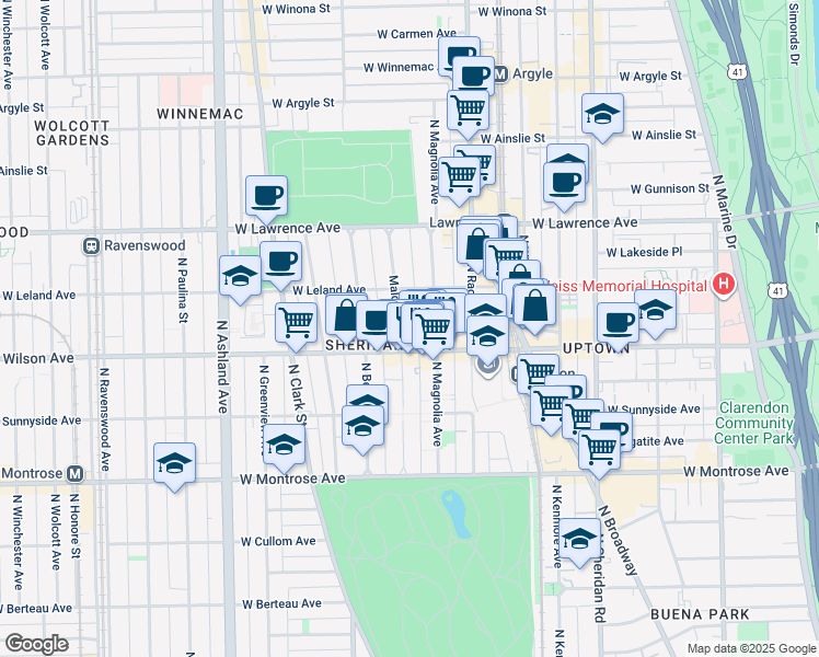 map of restaurants, bars, coffee shops, grocery stores, and more near 4600 North Magnolia Avenue in Chicago
