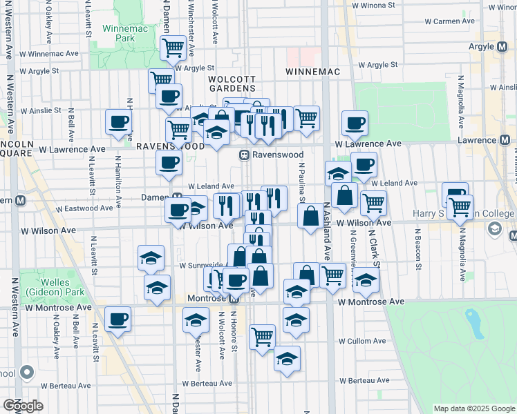 map of restaurants, bars, coffee shops, grocery stores, and more near 4611 North Ravenswood Avenue in Chicago