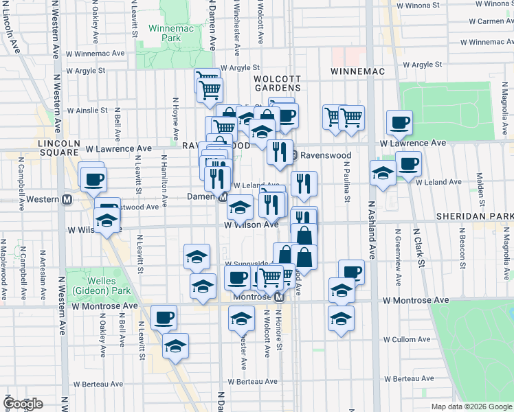 map of restaurants, bars, coffee shops, grocery stores, and more near 4610 North Wolcott Avenue in Chicago