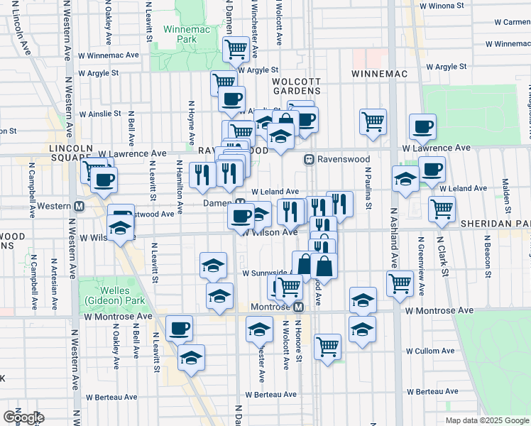 map of restaurants, bars, coffee shops, grocery stores, and more near 4610 North Wolcott Avenue in Chicago