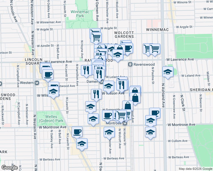 map of restaurants, bars, coffee shops, grocery stores, and more near 4600 North Winchester Avenue in Chicago