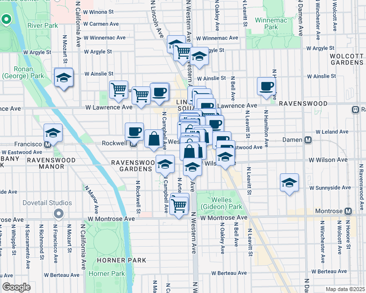 map of restaurants, bars, coffee shops, grocery stores, and more near 2427 West Eastwood Avenue in Chicago