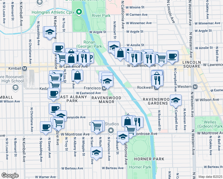 map of restaurants, bars, coffee shops, grocery stores, and more near 2857 West Eastwood Avenue in Chicago
