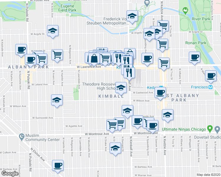 map of restaurants, bars, coffee shops, grocery stores, and more near 2 North Saint Louis Avenue in Chicago
