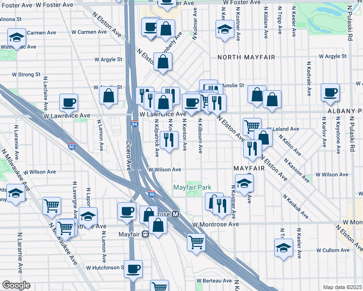 map of restaurants, bars, coffee shops, grocery stores, and more near 4635 North Kenton Avenue in Chicago