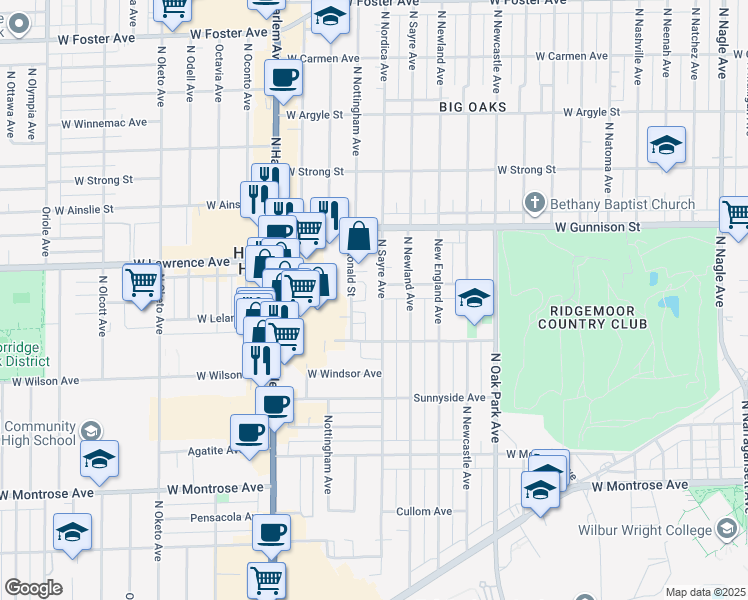 map of restaurants, bars, coffee shops, grocery stores, and more near 4631 North Sayre Avenue in Harwood Heights