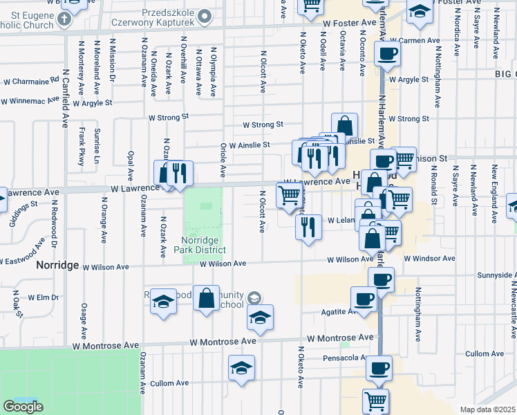 map of restaurants, bars, coffee shops, grocery stores, and more near 4701 Olcott Avenue in Harwood Heights