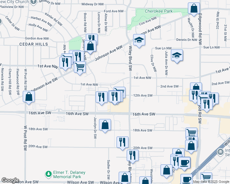 map of restaurants, bars, coffee shops, grocery stores, and more near 12th Ave SW in Cedar Rapids