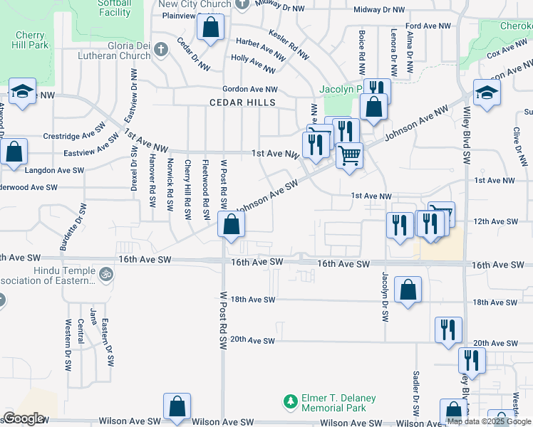map of restaurants, bars, coffee shops, grocery stores, and more near 5251 Johnson Avenue Southwest in Cedar Rapids
