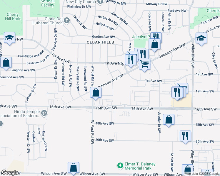 map of restaurants, bars, coffee shops, grocery stores, and more near 5251 Johnson Avenue Southwest in Cedar Rapids