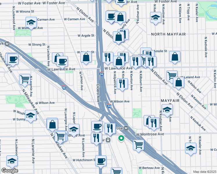 map of restaurants, bars, coffee shops, grocery stores, and more near 4655 North Keating Avenue in Chicago