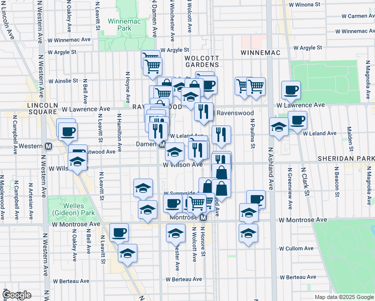 map of restaurants, bars, coffee shops, grocery stores, and more near 4610 North Wolcott Avenue in Chicago