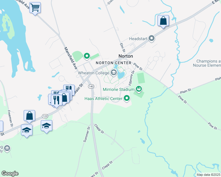 map of restaurants, bars, coffee shops, grocery stores, and more near 26 East Main Street in Norton